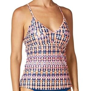 Jessica Simpson BLUE/PINK Laguna Beach Crossed Back Tankini Swimsuit Top